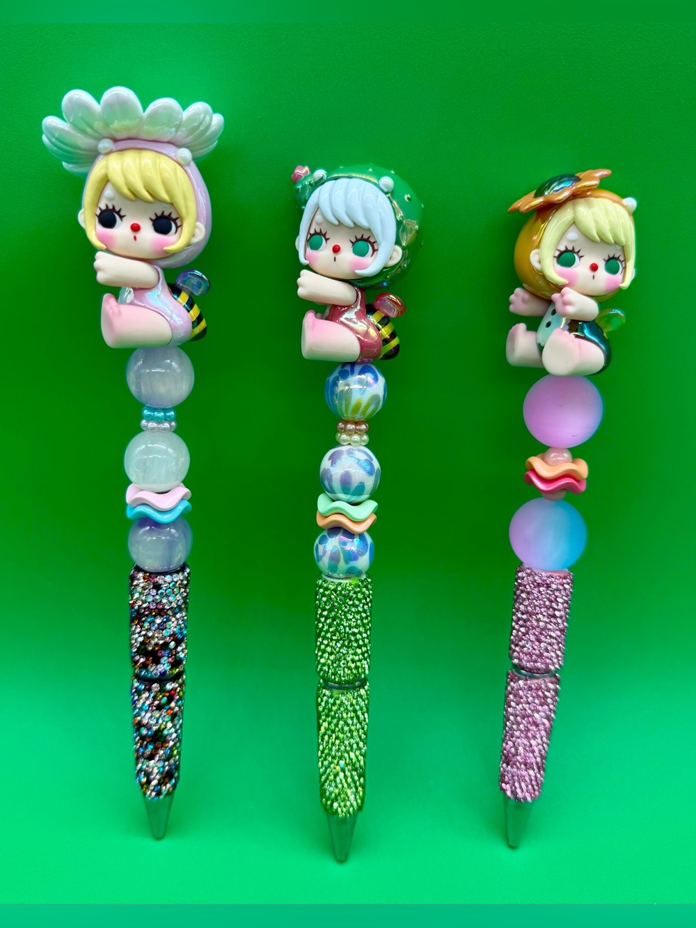 Whimsical Fairy Bead Pen — Green, Pink & Yellow Accents